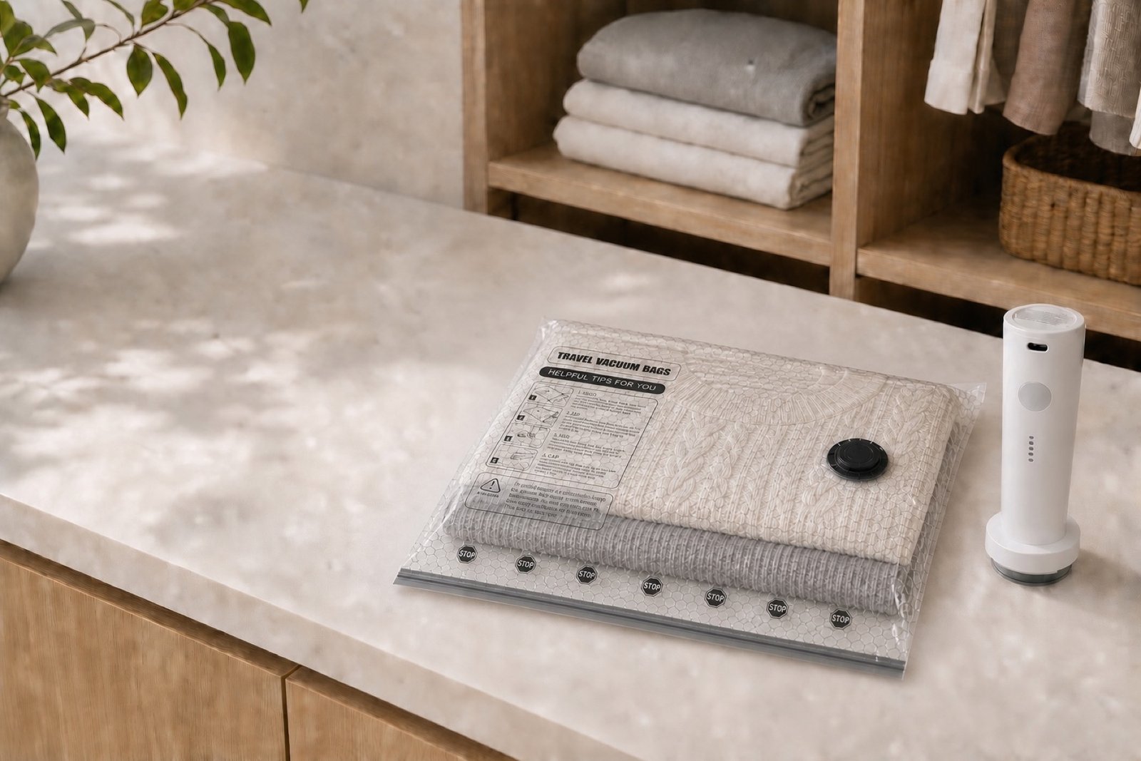 Thin compressed LOFTKIND vacuum bag and portable pump on a wardrobe counter