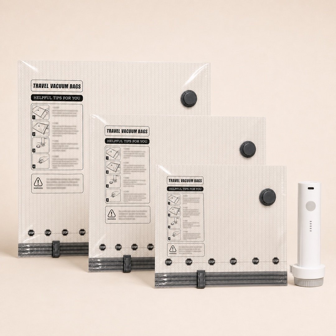 Vacuum compression bags in three sizes with the portable electric pump