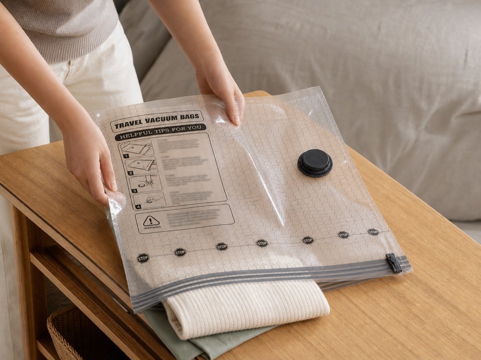 Hands placing a folded sweater into an open vacuum bag