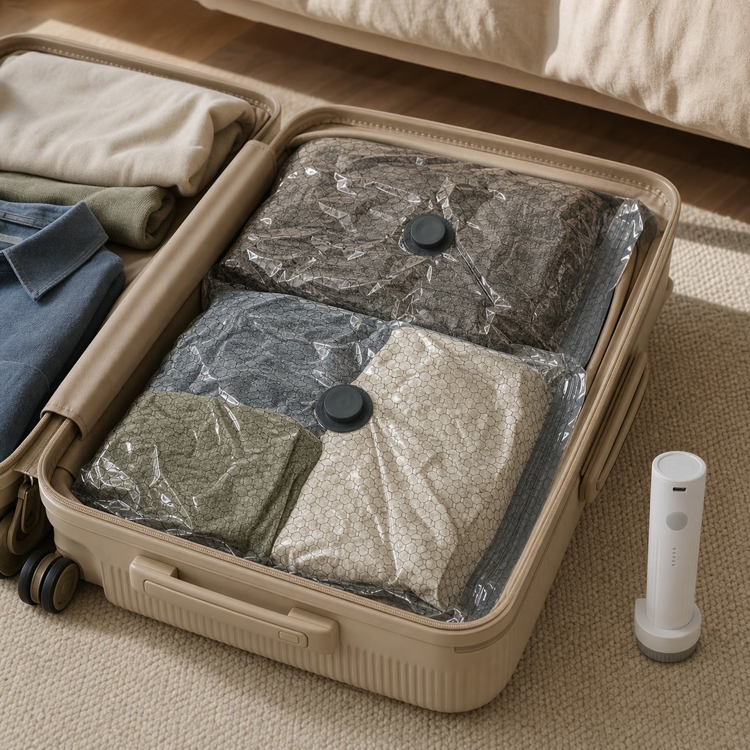 Open suitcase packed with folded clothing and a vacuum compression bag