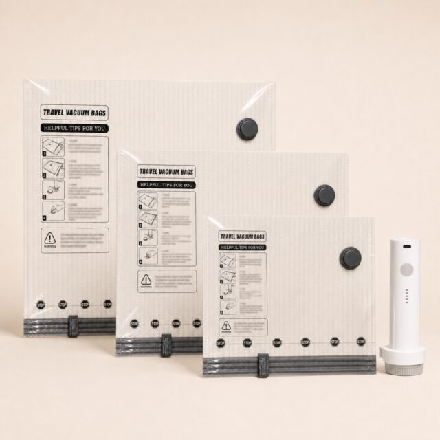 Vacuum compression bags in three sizes with one portable electric pump